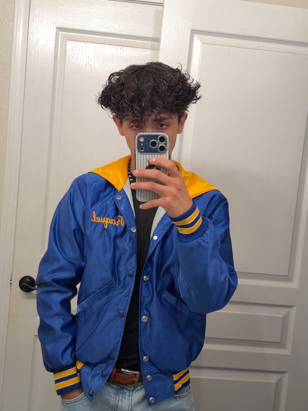 Blue and Yellow Satin Bomber Jacket - Casual Varsity Style